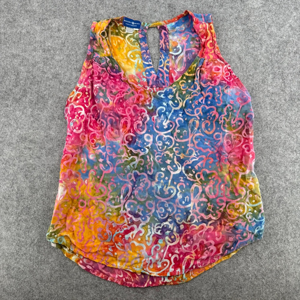 Vintage Multicolor Batik Boho Rayon Mexicali Blues Tank Top Women Large